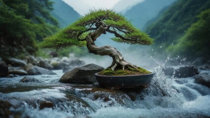 Bonsai tree in a tranquil river setting with a lush green mountain valley backdrop