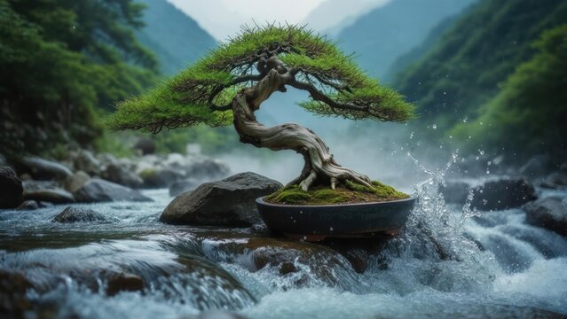 Bonsai tree in a tranquil river setting with a lush green mountain valley backdrop - Powered by Adobe
