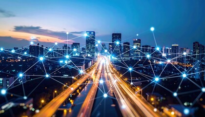 Fototapeta premium A city skyline at dusk with illuminated roads and a digital network overlay representing connectivity.