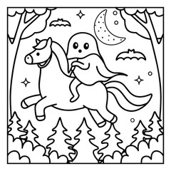 Ghost on the Dark Halloween Coloring Page – Spooky Haunted Night Scene with Ghosts, Pumpkins, and Bats Line Art for Kids and Adults. Halloween Coloring Pages