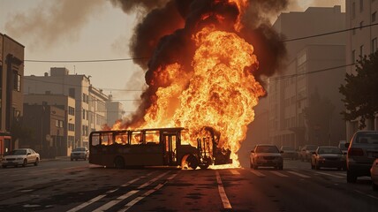A burning bus engulfed in flames and thick black smoke dominates a city street, with cars and buildings lining the road, highlighting the chaos and destruction caused by an explosion