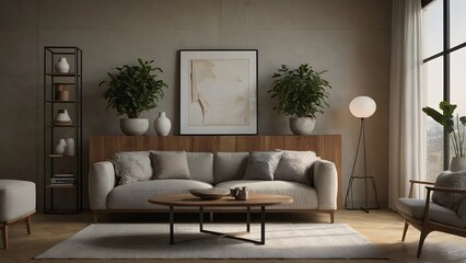 Contemporary living room interior with minimalist design, wooden elements, and a calm, neutral color palette