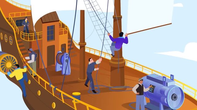  Crew working on sailing ship deck in animated flat illustration style
