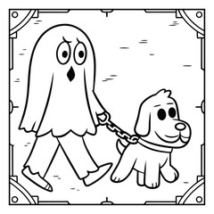 Obraz premium Ghost on the Dark Halloween Coloring Page – Spooky Haunted Night Scene with Ghosts, Pumpkins, and Bats Line Art for Kids and Adults. Halloween Coloring Pages