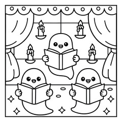 Ghost on the Dark Halloween Coloring Page – Spooky Haunted Night Scene with Ghosts, Pumpkins, and Bats Line Art for Kids and Adults. Halloween Coloring Pages
