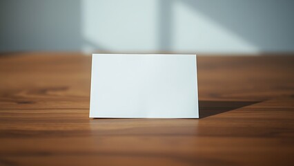 A blank notecard placed on a wooden desk with soft diffused lighting and shallow focus.
