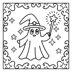 Ghost on the Dark Halloween Coloring Page – Spooky Haunted Night Scene with Ghosts, Pumpkins, and Bats Line Art for Kids and Adults. Halloween Coloring Pages