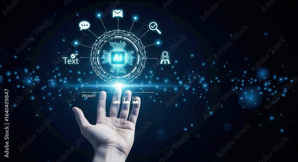 Aufkleber artificial intelligence concept: hand reaching for ai interface representing machine learning and mo