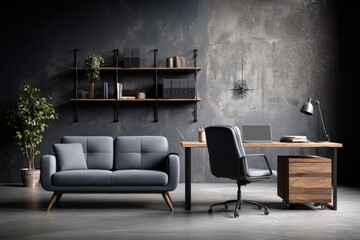 Industrial-style workspace with a comfortable sofa.