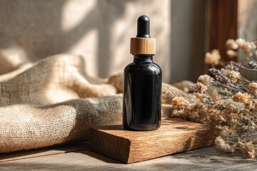 Black dropper bottle with a wood top is displayed on a wooden surface. Mockup to showcase natural skincare, aromatherapy, or organic product.