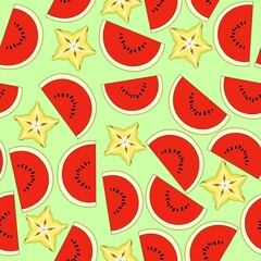 Seamless Pattern of Watermelon Slices and Starfruit on Light Green Background