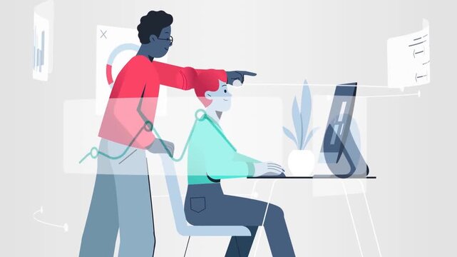  Business data analysis on computer screen with colleague in animated flat design illustration - Powered by Adobe