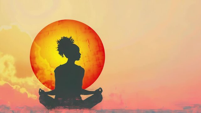 A silhouetted figure sits in lotus position, embodying tranquility. The background is blend warm colors, distinct circle suggesting sunrise or celestial body, amplifying serene mood