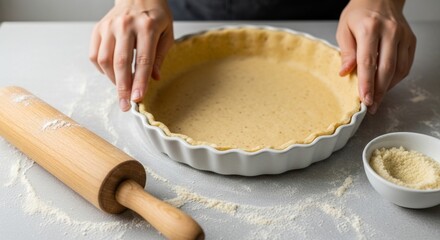 Woman's hands preparing a homemade pie crust in a baking dish for a holiday dessert