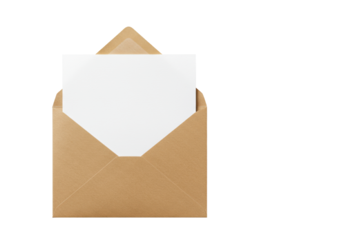Overhead photorealistic flat lay of an open brown kraft paper envelope with a crisp white sheet of paper subtly emerging on a transparent background, soft studio lighting, clean professional concept