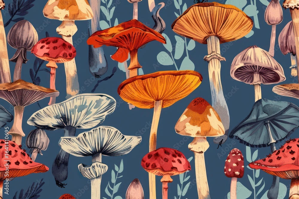 Poster seamless pattern with colorful mushrooms and leaves on a dark blue background, creating a whimsical 