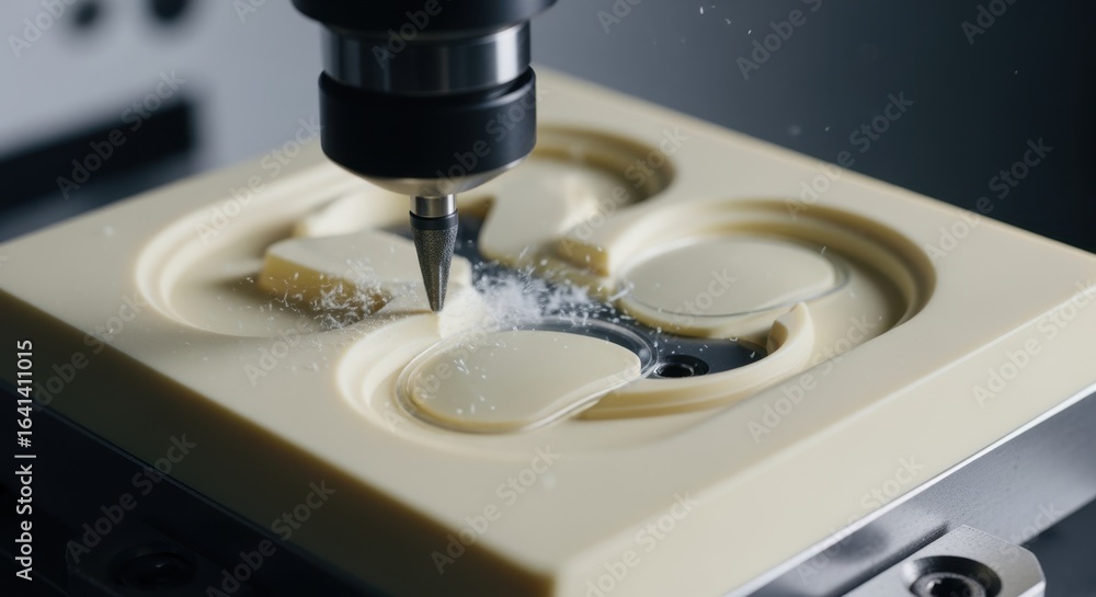 Aufkleber action shot of cnc machining tool cutting complex curves on the surface of an ophthalmic freeformlen