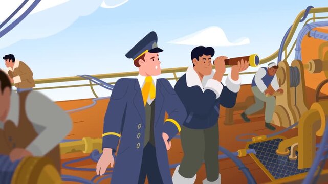 Ship captain giving orders to crew in animated 2D illustration style