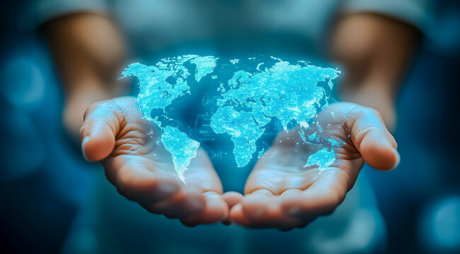 Bright blue continents floating above outstretched human hands