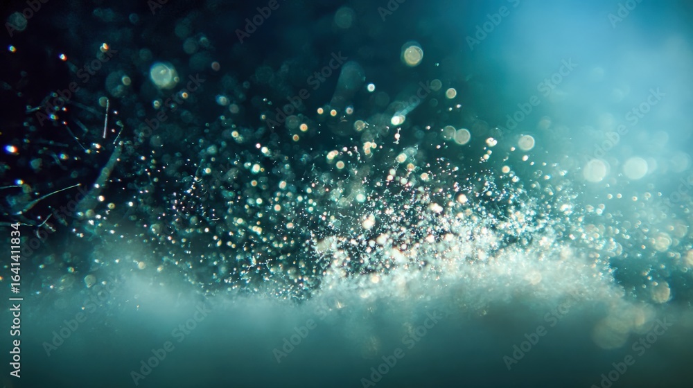 Poster abstract underwater glittering particles background with bokeh effect in dark blue and white tones