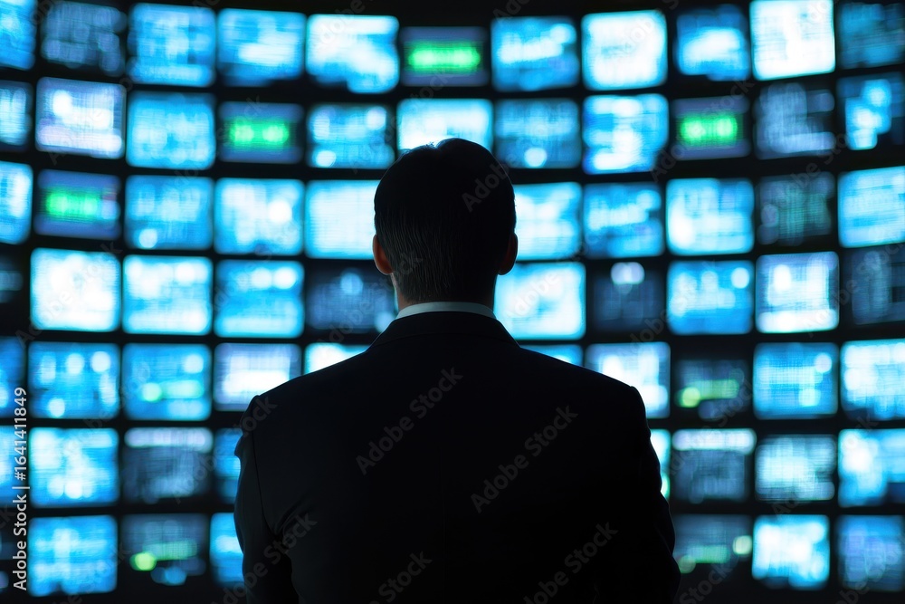 Aufkleber a silhouette of a man in a suit gazes at multiple screens displaying various data and images, sugges