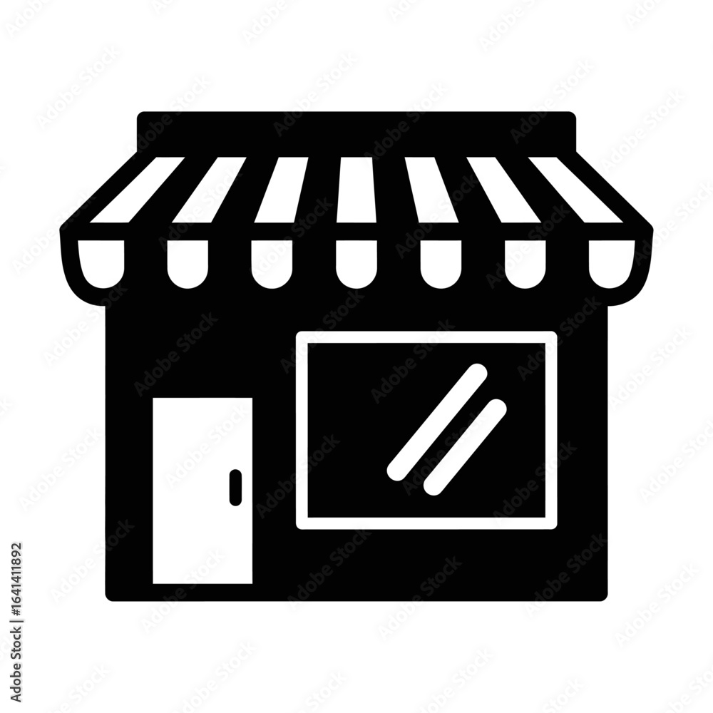 Poster a simple black and white illustration of a storefront with an awning and a window display