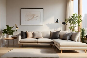 Elegant contemporary living room with a cozy sectional sofa, indoor plants, and minimalist decor creating a serene and modern home interior concept.
