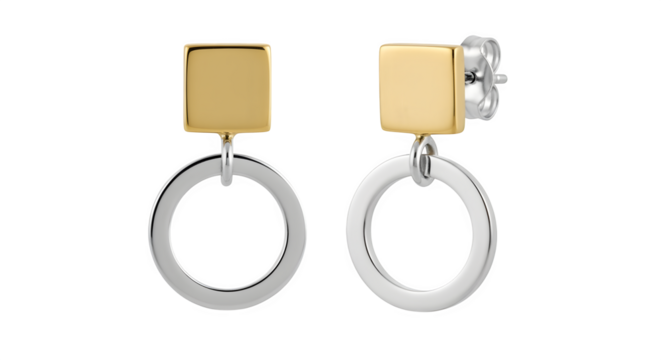 Stud earrings with geometric design, isolated on white background