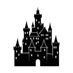 Silhouette of a fairy tale castle with towers and turrets against a white background design element