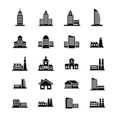Obraz premium Silhouette icons of various buildings including skyscrapers factories churches and houses in a grid format