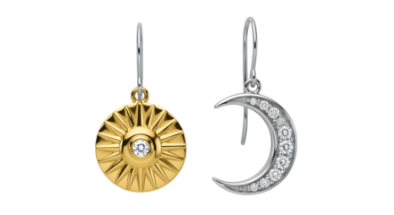Sun and moon earring mismatched set, isolated on white background