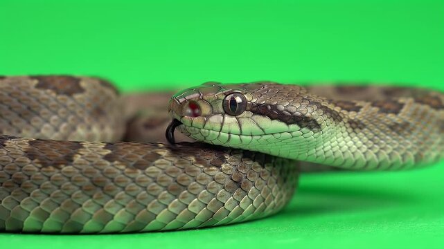 Close-up of a Spotted Snake Flicking Tongue on Green Screen, Reptile Studio Shot for Chroma Key Compositing
