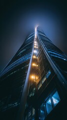Obraz premium Perspective of office building with light in foggy sky. Modern architecture use
