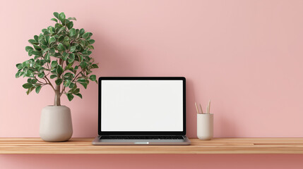 Minimalist workspace with laptop, plant, and stationery on wooden shelf against soft pink wall Generative AI