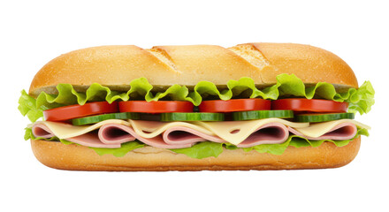 Perfectly layered submarine sandwich with golden baguette, crisp lettuce, bright tomato, fresh cucumber, thin ham, and yellow cheese on transparent studio background. Concept for food advertising