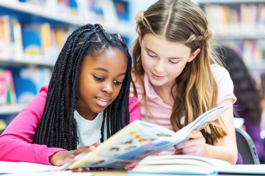 Two young girls sharing a reading experience in a library surrounded by colorful books during afternoon study time