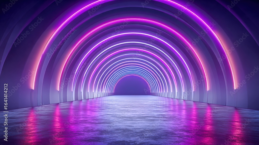 Poster neon lit tunnel with symmetrical arches creating an abstract futuristic vibe and reflective floor