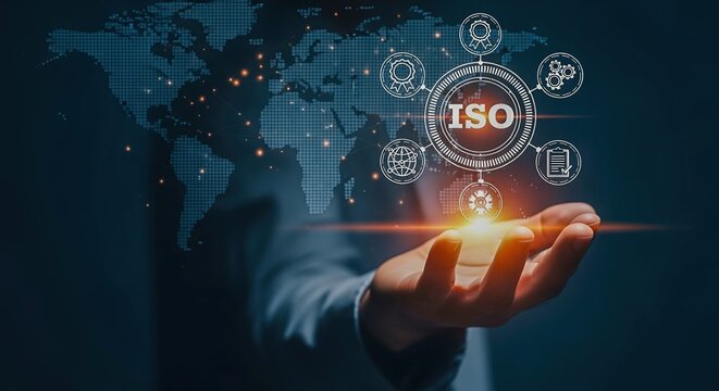 ISO Standards Presentation: Man Holds Hologram Projecting Quality Control Icons Over a World Map