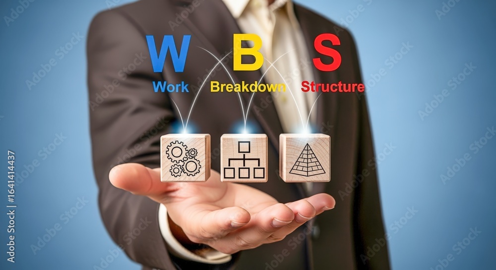 Aufkleber work breakdown structure concept displayed on wooden blocks held by a businessman in a professional 