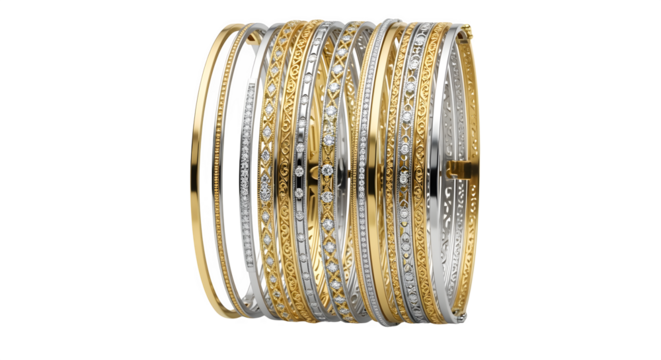 Thin bangle bracelets stacked in a set, isolated on white background