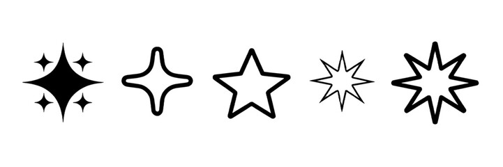 Obraz premium Five Starburst Icons: Vector Graphic Set of Black Outlined and Solid Stars for Website Design, App UI, Ratings, and User Interface Elements. Perfect for Commercial Use and Branding Applications.