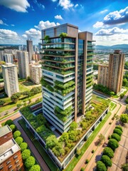 Fototapeta premium Contemporary skyscraper with lush green rooftop garden in Brasilia