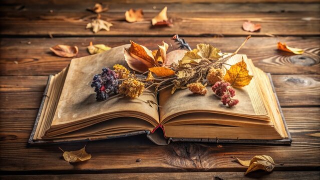 Libro viejo abierto con flores secas y hojas deshojadas en un escritorio de madera