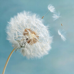 Delicate dandelion seeds drifting against a soft blue background in a serene spring setting