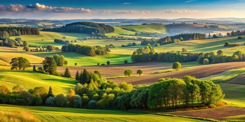 Obraz premium Panoramic view of a vast open field in Greater Poland region with rolling hills and trees