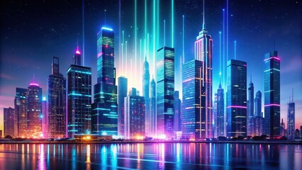 Cityscape with glowing skyscrapers merging into a digital aura
