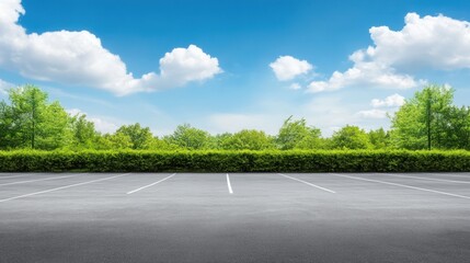 Empty Parking Lot with Lush Greenery and Blue Sky