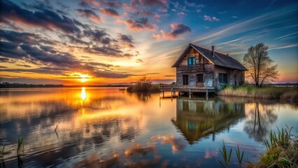 Obraz premium abandoned lake house at dusk