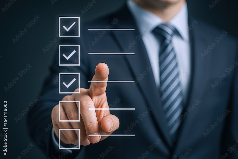 Poster businessman selecting options from digital checklist interface to showcase productivity and task man