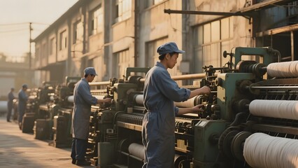 Workers operating machinery in a textile factory